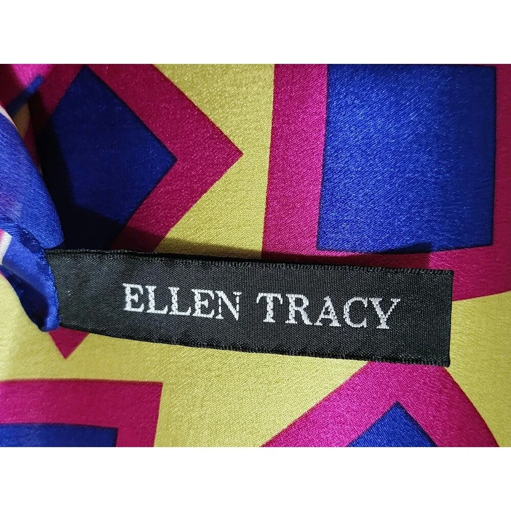 90s Ellen Tracy 100% Silk Scarf Rectangle Geometric Blue Red Yellow Vintage 52